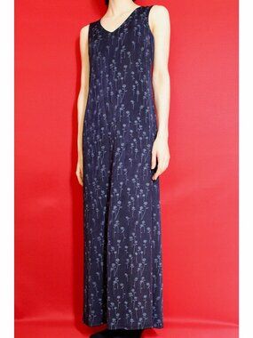 Vintage 90s Dark Blue Floral V-Neck Stretchy Sleeveless Maxi Dress, Size S